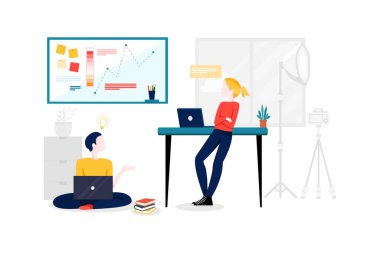 Vektör modern çizgi düz tasarım web sitesi afişi, profesyonel tasarım stüdyo takımıyla başlık. Modern web sitesi bilgi grafikleri illüstrasyon kahramanı resmi web pankartı.