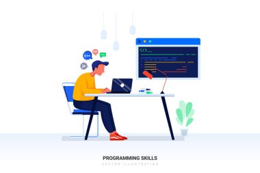 Karakter programlama becerileri konsepti. Web afişi, bilgi grafikleri, kahraman resimleri için kullanılabilir. Düz vektör çizimi beyaz arkaplanda izole edildi.