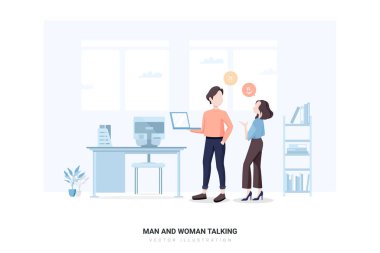 Kadın ve erkek ofiste konuşuyor. Web afişi, bilgi grafikleri, kahraman resimleri için kullanılabilir. Düz biçim renk modern vektör illüstrasyonu.