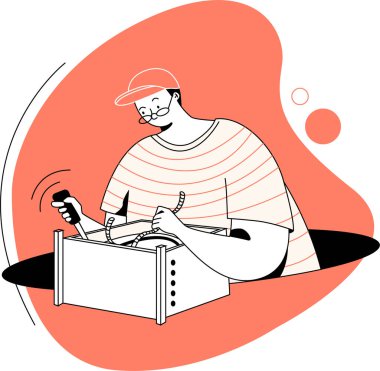 Karakterli bilgisayar donanımı mühendisi konsepti. Web afişi, mobil uygulama, kahraman resimleri için kullanılabilir. Beyaz arkaplanda düz vektör illüstrasyonu.