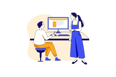 Karakterli takım çalışması kavramı. Web afişi, mobil uygulama, kahraman resimleri için kullanılabilir. Beyaz arkaplanda düz vektör illüstrasyonu.