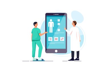 Doktorlar bir hastayı akıllı telefon, online tıbbi konsültasyon ve teknoloji konseptinde tıbbi uygulama kullanarak muayene ediyorlar.