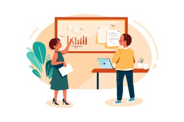 Başlangıç ekibi Vector Illustration kavramını tartışıyor. Düz illüstrasyon beyaz arkaplanda izole edildi.