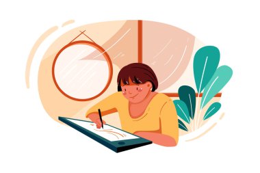 Vector Illustration projesi üzerinde çalışan kadın çalışan. Düz illüstrasyon beyaz arkaplanda izole edildi.