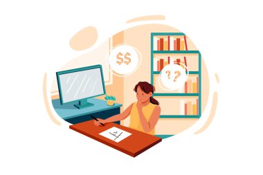 Kız, Vector Illustration konseptini düşünüyor. Düz illüstrasyon beyaz arkaplanda izole edildi.