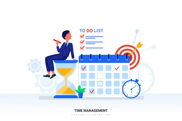Karakterli zaman yönetimi konsepti. Web afişi, bilgi grafikleri, kahraman resimleri için kullanılabilir. Düz vektör çizimi beyaz arkaplanda izole edildi.