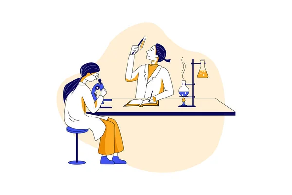 研究室で働いている2人の女子高生とフラスコの中の化学流体を混ぜ合わせて — ストックベクタ