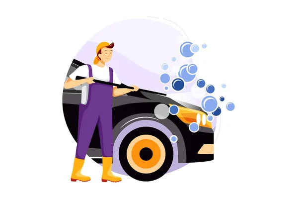 Mycie Mechaniczne Samochodu Wektorem Wody Pod Wysokim Ciśnieniem Ilustracja — Wektor stockowy