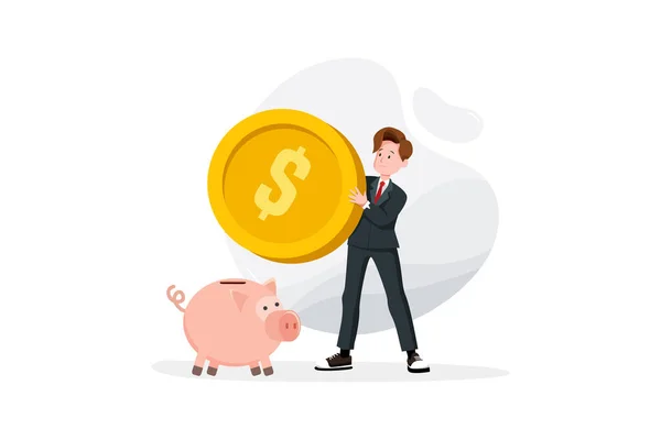 Businessman Try Put Large Coin Piggy Bank Concept Saving Money — Stock Vector