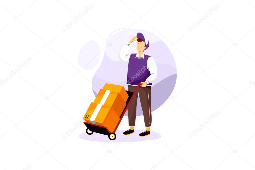 Delivery Courier Pushing a Trolley with Box Vector Illustration