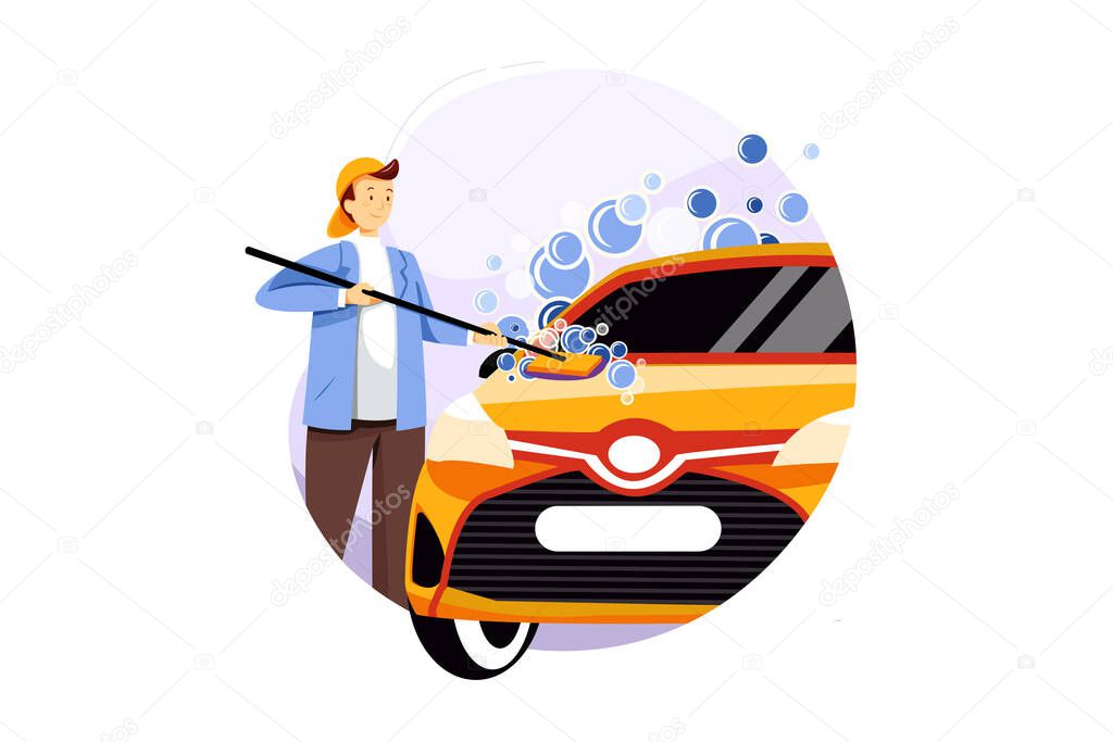 Young man washing his car on the car wash self service vector Illustration