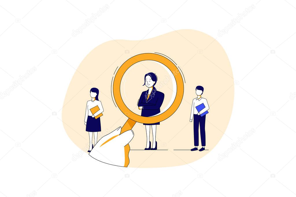 Recruitment Hand Zoom Magnifying Glass Picking Business Person Candidate People Group. Vector Illustration concept.