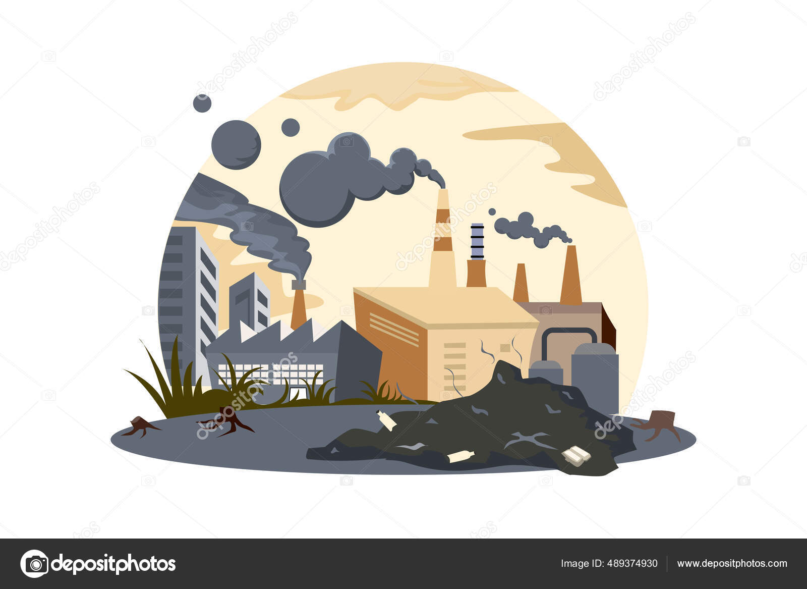 Premium Vector  Concept of environmental pollution factory or plant  against the background of large pipes throwing smoke and steam into the sky