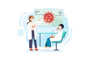 Doktorlar Corona Aşıları Vektör İllüstrasyonu konseptini araştırıyorlar. Düz illüstrasyon beyaz arkaplanda izole edildi.