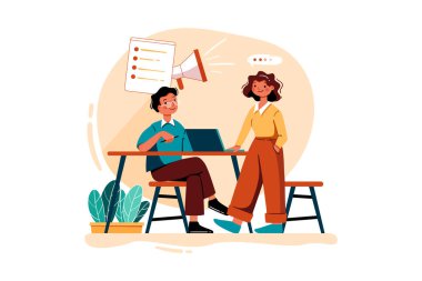 Dijital Pazarlama İllüstrasyonu Planlaması Yapan Erkek ve Kadın Çalışanlar. Düz illüstrasyon beyaz arkaplanda izole edildi.