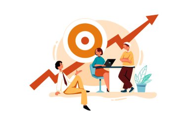 İş Takımı Pazarlama Hedefleri Illustration konsepti üzerinde çalışıyor. Düz illüstrasyon beyaz arkaplanda izole edildi.