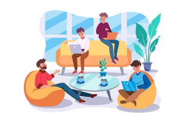 Oturma odası vektörü illüstrasyonunda iş adamı konuşuyor. Düz illüstrasyon beyaz arkaplanda izole edildi.