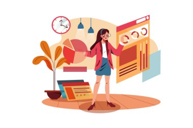 İnsanlarla iletişim kurmak için cep telefonu kullanan genç bir kadın. Düz illüstrasyon beyaz arkaplanda izole edildi.