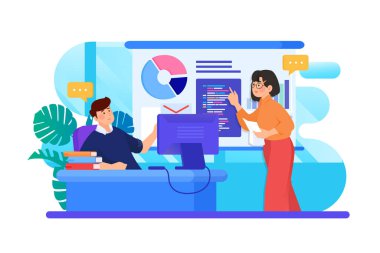 Proje hakkında bir sunum yapan kadın. Vektör illüstrasyonu.