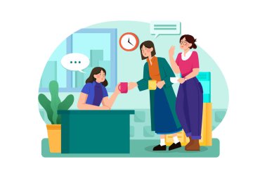 Genç bayan işçiler işyerindeki su soğutucusunun etrafında gayri resmi konuşuyorlar. Düz illüstrasyon beyaz arkaplanda izole edildi.