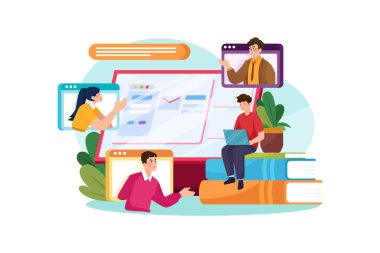 Dijital E-Öğrenme Çizim Konsepti. Düz illüstrasyon beyaz arkaplanda izole edildi.