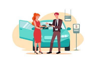 Gülümseyen genç kadın yeni bir araba vektörü çizimi konseptini alıyor..