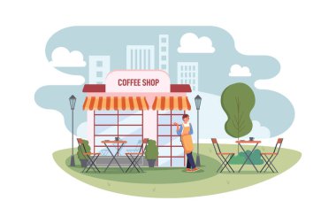 Dükkanın önünde önlük giyen bir kahve dükkanı sahibi..