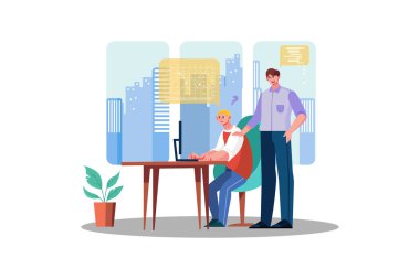 Yönetici yönetici danışman ofiste staj için online istatistik raporu hazırlıyor.