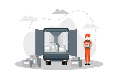 Yüzünde tıbbi koruyucu maskesi olan kurye teslimat kamyonuyla paket taşıyordu. Düz illüstrasyon beyaz arkaplanda izole edildi