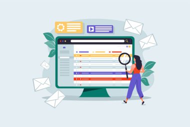 Genç bir kadın postaları büyüteç çizim konseptiyle kontrol ediyor. Düz illüstrasyon beyaz arkaplanda izole edildi.