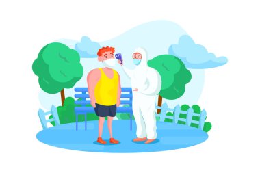 Tehlikeli madde giysisi giymiş biri parktaki sıcaklığı kontrol ediyor. Vektör İllüstrasyon kavramı.