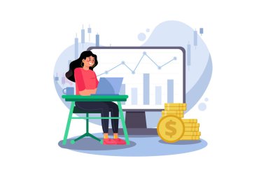 Borsayı analiz eden bir kız. Vektör İllüstrasyon kavramı.