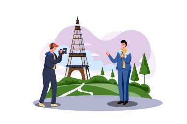 Muhabir canlı yayın vektör illüstrasyonu kavramını bildiriyor. Düz illüstrasyon beyaz arkaplanda izole edildi.