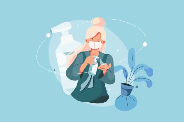 El dezenfektanı Vector Illustration konseptini kullanan bir kız. Düz illüstrasyon beyaz arkaplanda izole edildi.