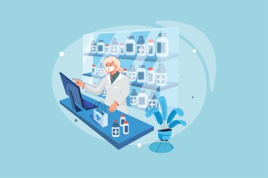 Eczane Vektör Illustration konseptinde çalışan koruyucu maskeli bir eczacı. Düz illüstrasyon beyaz arkaplanda izole edildi.