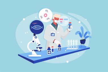 Laboratuvar çocuğu elinde ilaç şişesi olan bir el vektörü illüstrasyonu konsepti tutuyor. Düz illüstrasyon beyaz arkaplanda izole edildi.