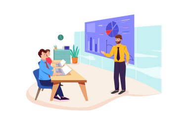 İş adamı projesi hakkında bir sunum yapıyor. Web afişi, bilgi grafikleri, kahraman resimleri için kullanılabilir. Düz illüstrasyon beyaz arkaplanda izole edildi.