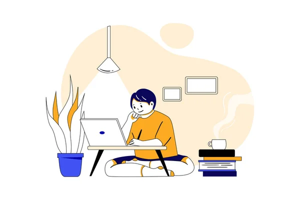 Boy Doing Online Study Using Laptop Vector Illustration Concept Flat — Stock Vector