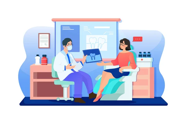 Dişçi Koltuğunda Oturan Kadın Doktorların Röntgen Sonuçları Hakkındaki Açıklamalarını Dinliyor — Stok Vektör