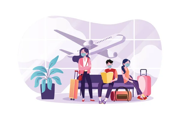 Gente Con Máscara Aeropuerto Concepto Ilustración Vectorial — Vector de stock