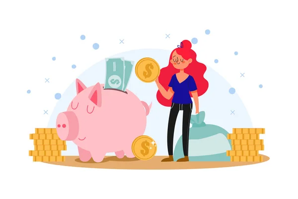 Woman Doing Savings Financial Illustration Concept Flat Illustration Isolated White — Stock Vector