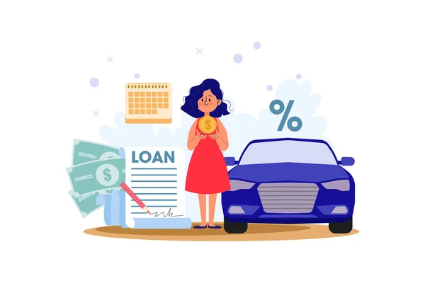 Empréstimo Carro Para Mulher Conceito Ilustração Financeira Ilustração Plana Isolada — Vetor de Stock