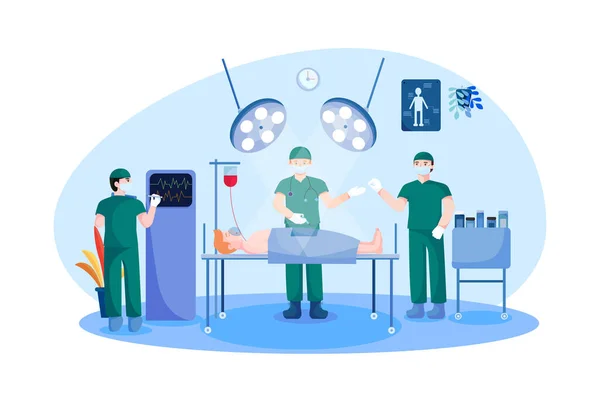 手术台上环绕病人的外科医生小组 — 图库矢量图片