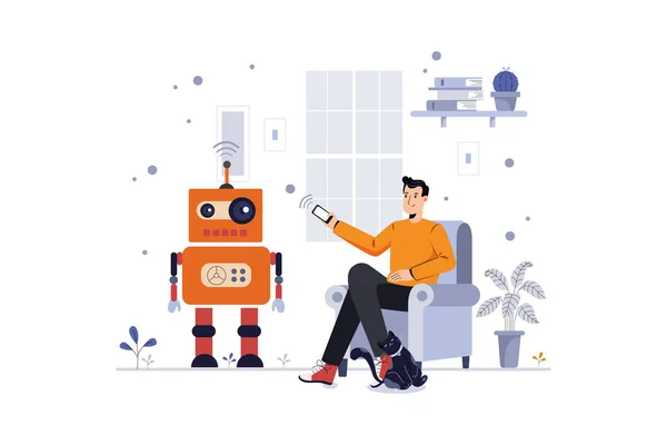 Een Man Setting Programma Voor Robotica Illustratie Concept Platte Illustratie — Stockvector