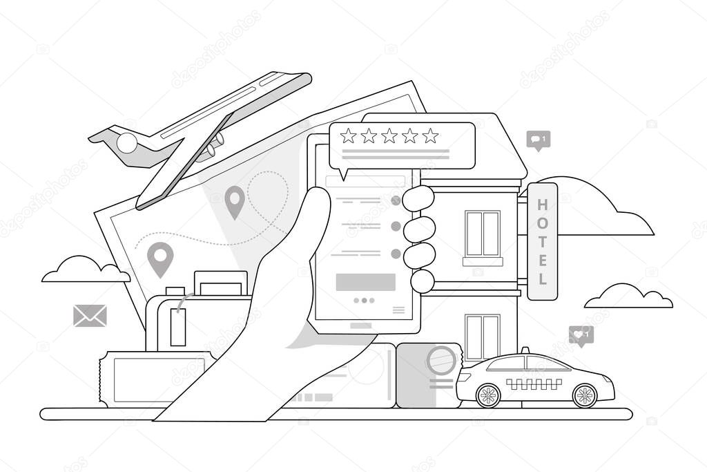 Online booking design concept for mobile phone hotel, flight, car, tickets. Outline Vector