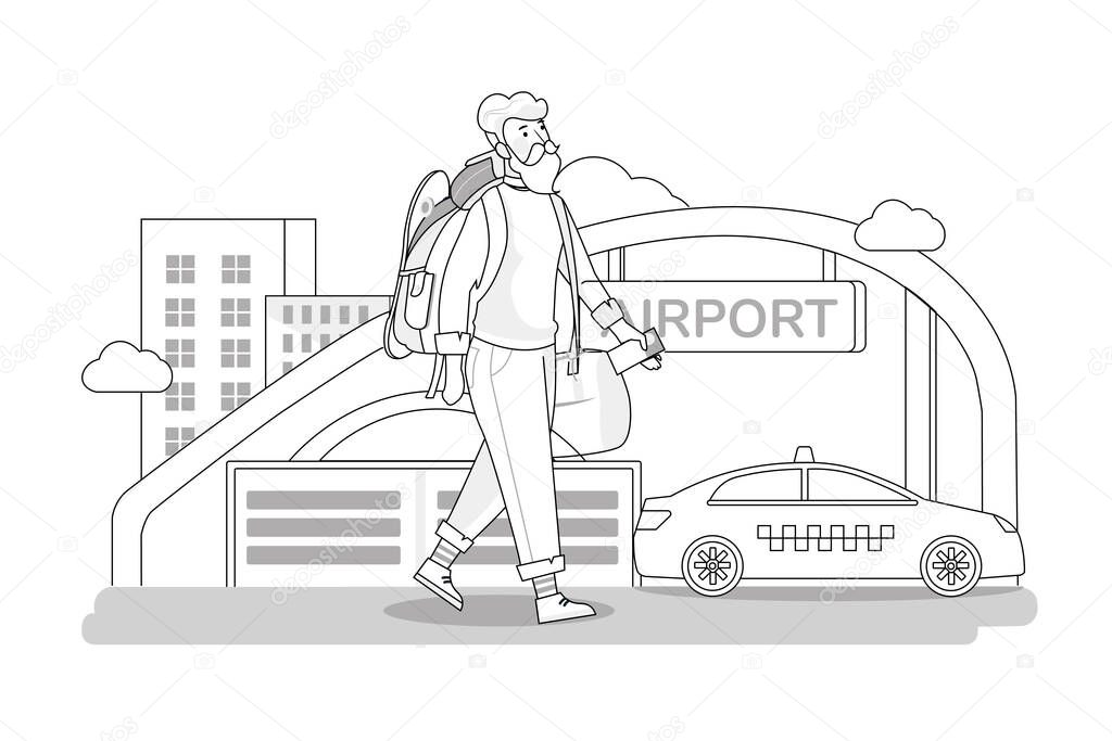 Air traveler. Hipster man with luggage goes to the airport. Vector illustration in cartoon style. Outline Vector