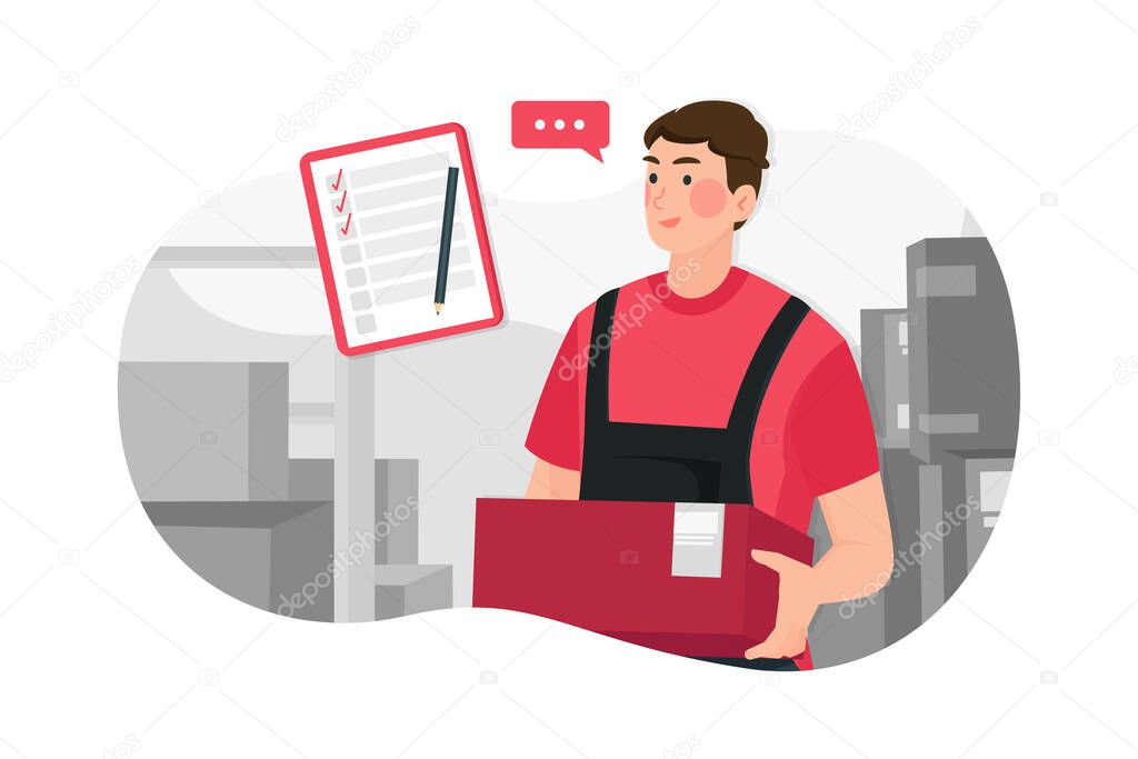 Young man working at a warehouse with boxes vector illustration concept