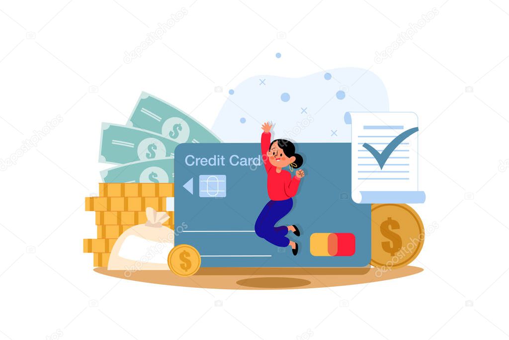 Woman Got Approval For Credit Card. Financial Illustration concept. Flat illustration isolated on white background.