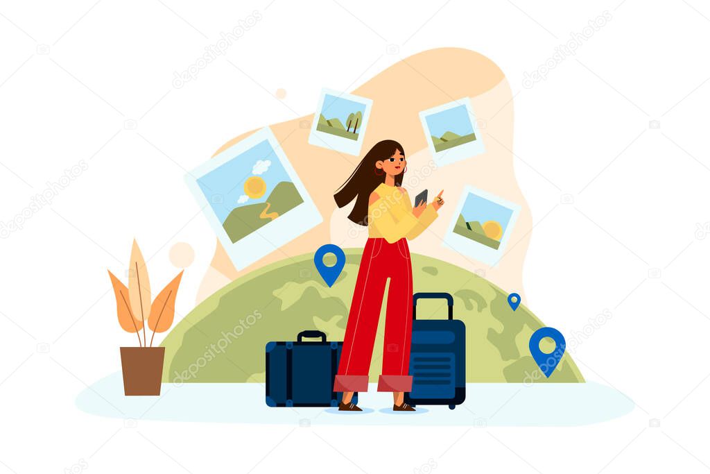Lady With Luggage And Holding A List Of Travel Place