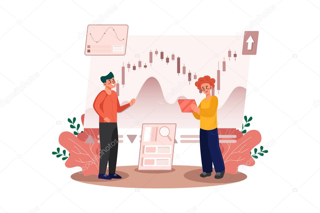 Two young boys are learning the stock market's chart. Vector Illustration concept.